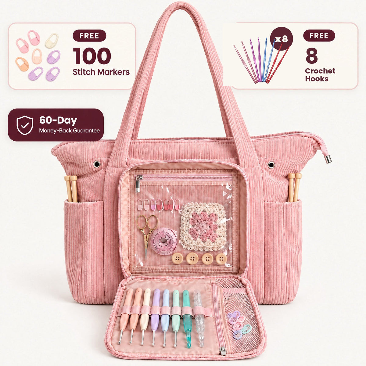 Yarnaroo crochet bag bundle — free 100 stitch markers + 8 crochet hooks, 60-day guarantee